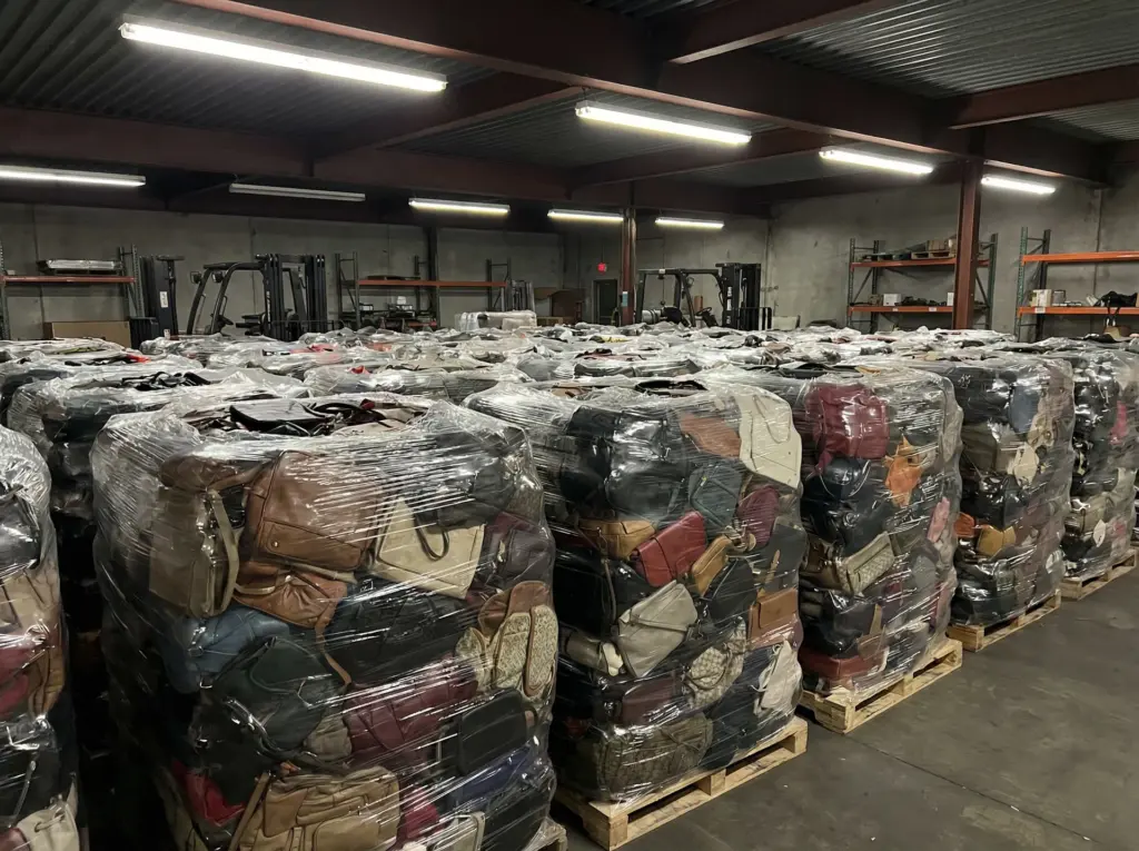 Bales and bags of used goods organised for packing and export