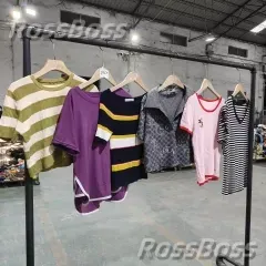 Purple and white striped short sleeve T-shirt on display
